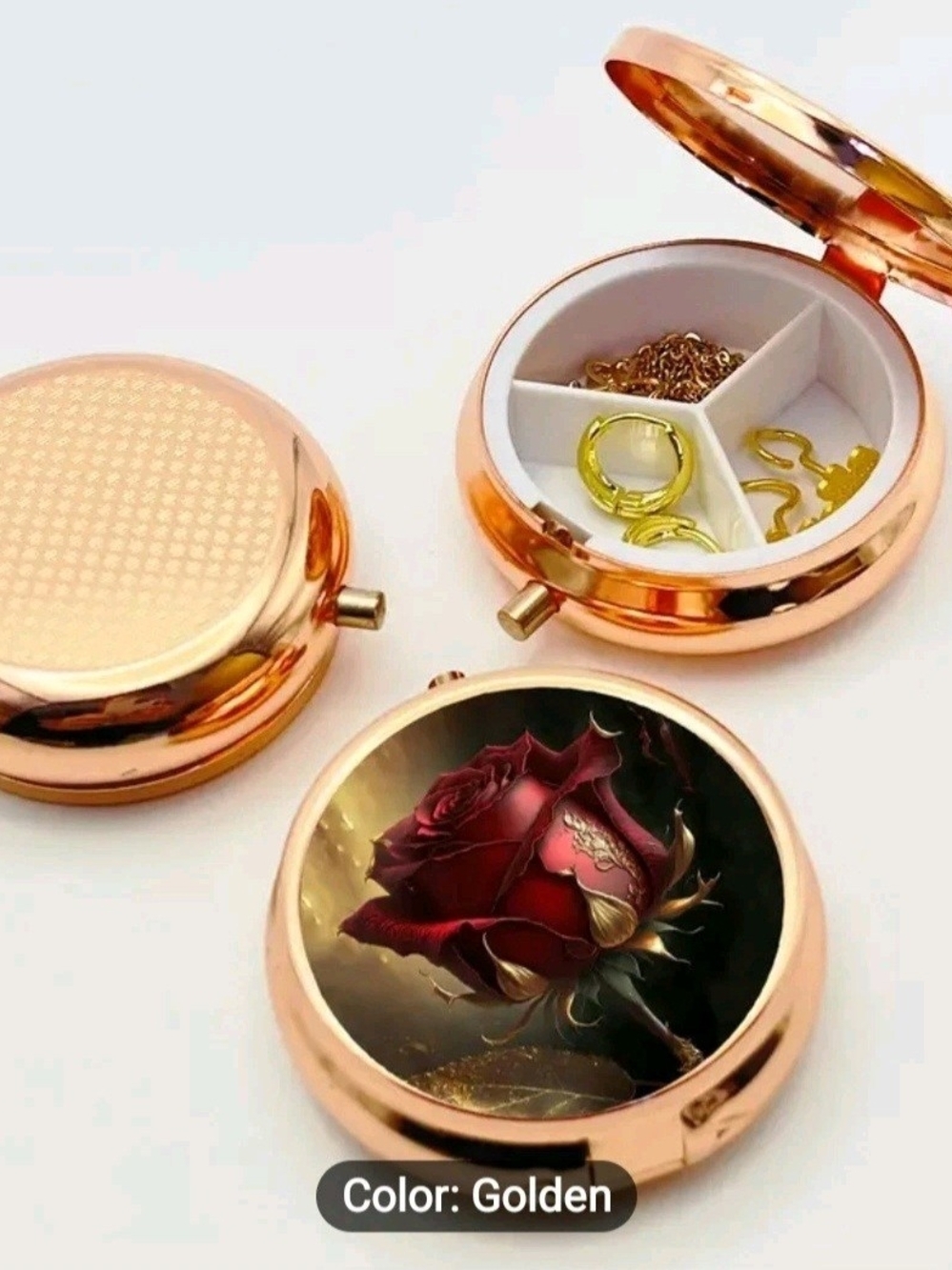 Elegant Rose Gold Case W/Red Rose Personal Pill Box W/3 Compartments & Mirror. - Picture 6 of 8